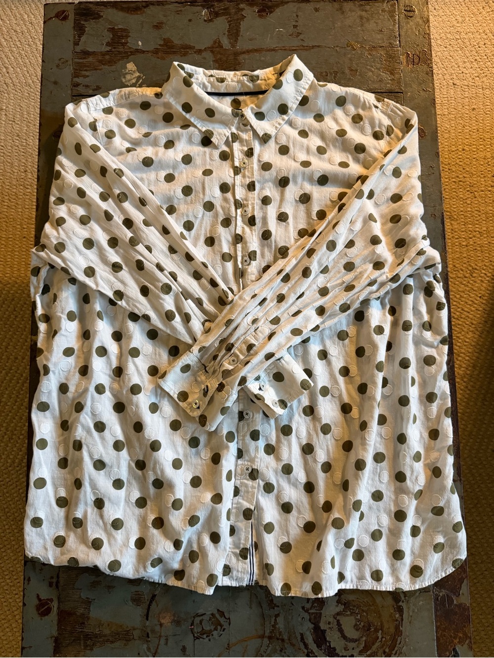 Talbots White Button-Down Shirt with Olive Polka Dots